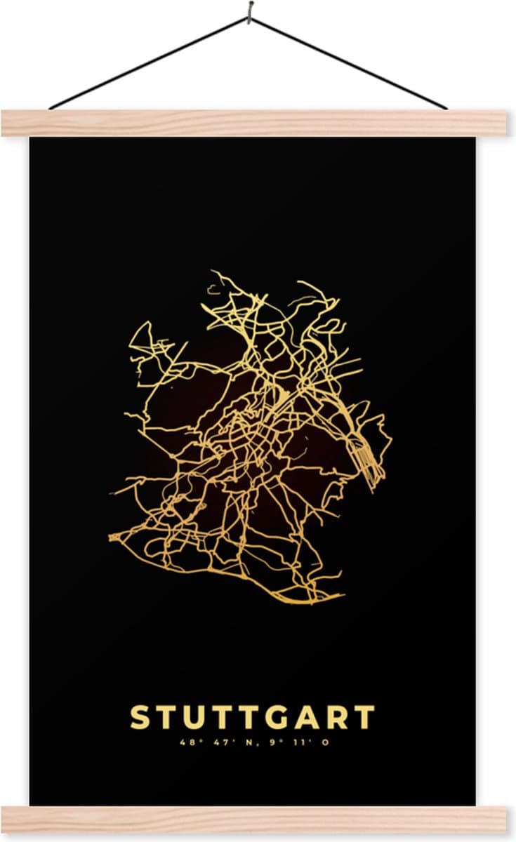 Posterhanger incl. Poster 60x90 cm - Schoolplaat - Goud - Kaart - Stuttgart - Stadskaart - Plattegrond - Textielposter - Blanke latten - Stadskaart