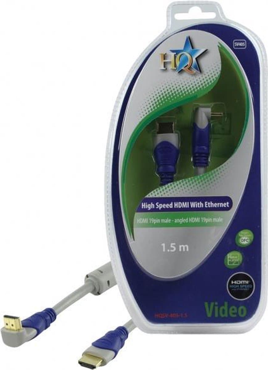 HQ - 1.4 High Speed HDMI -  eenzijdig haaks  -1,5 m - Grijs/Blauw