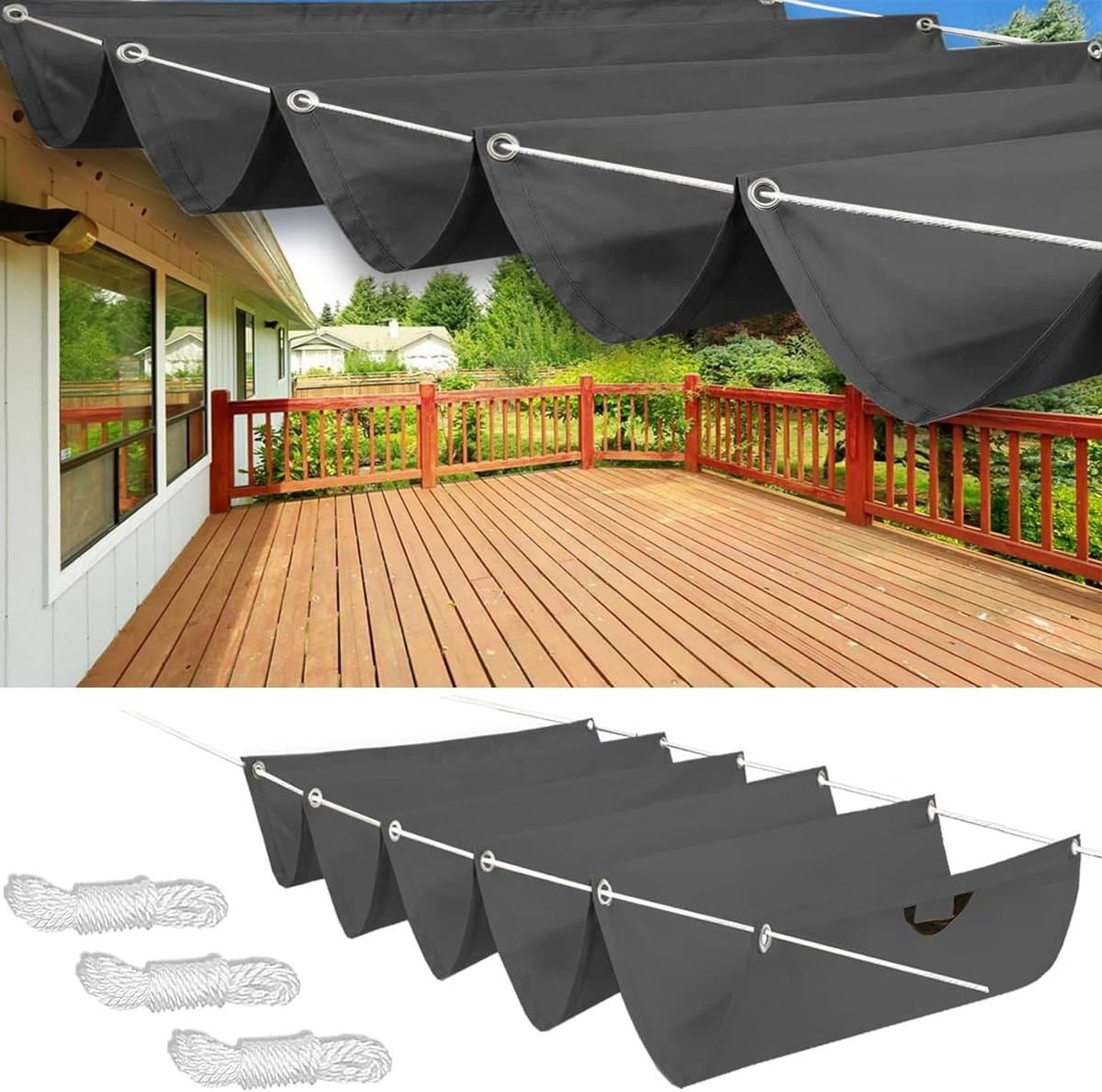 Uitschuifbaar Schaduwdoek - Golfdoek Regenbestendig - Terras Beschermen - 98% Zonwering - 1.6 x 7.5 m - Donkergrijs