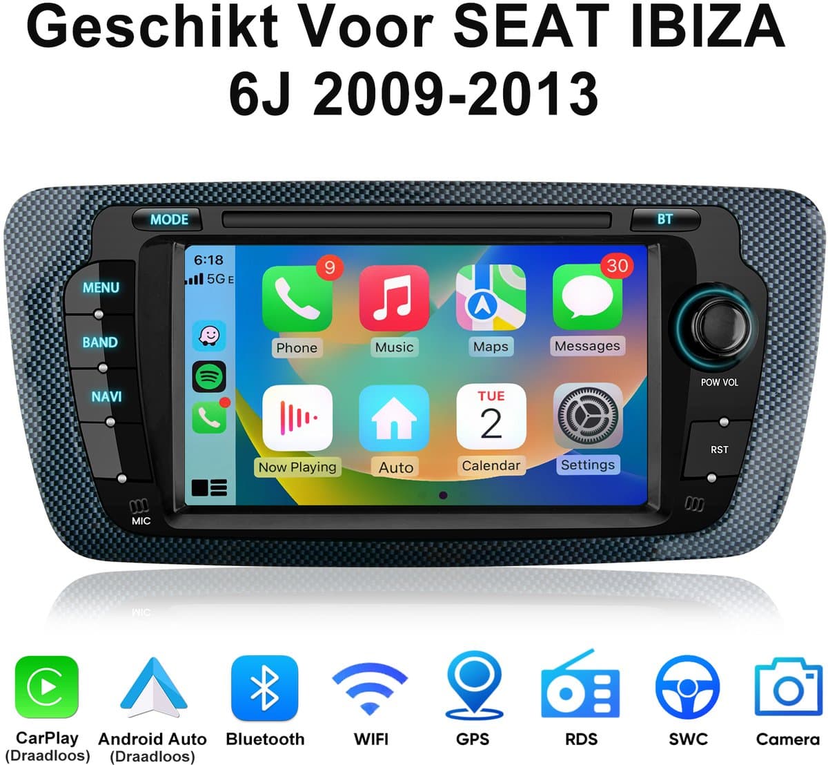 Junsun Android 15 Autoradio, Geschikt Voor SEAT IBIZA 6J 2009-2013, 2GB+64GB, Draadloze CarPlay & Andriod Auto achteruitrijcamera, Bluetooth, GPS Multimedia Navigatiesytem, 7-inch HD Touchscreen, WIFI, FM, RDS, USB, DSP, Quad-core processor