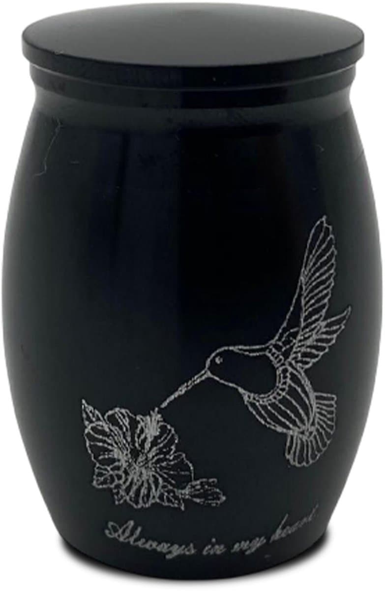 Akerz Mini Urn Kolibrie Zwart – Herinneringsurn met Kolibrie en Bloem – Aluminium – Schroefdeksel – Dierenas & Mensenas – 4 cm