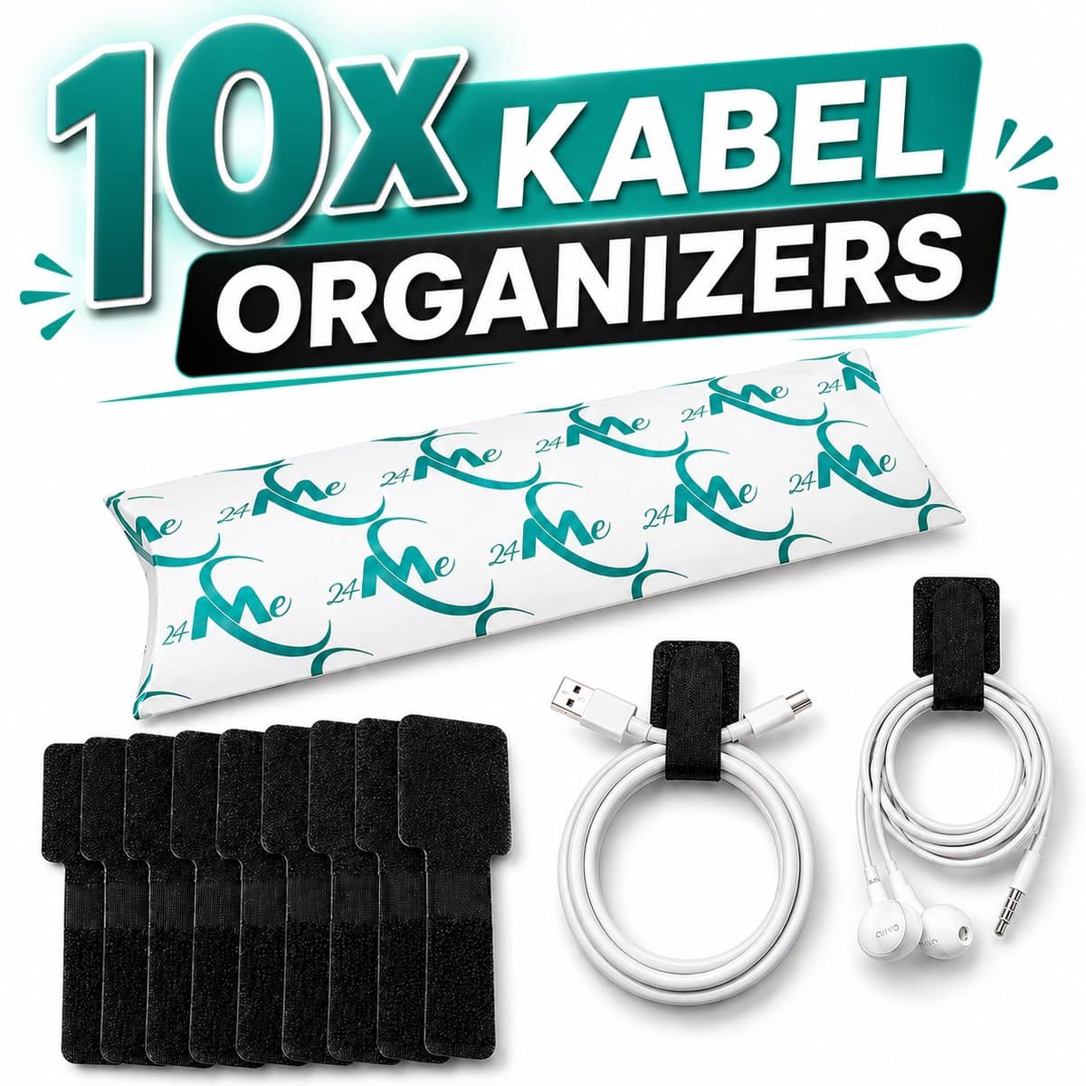 24ME® - Zelfklevende Klittenband Kabelbinders - Set van 10 Stuks – Kabelorganizers voor Bureau, TV, Auto en Meer