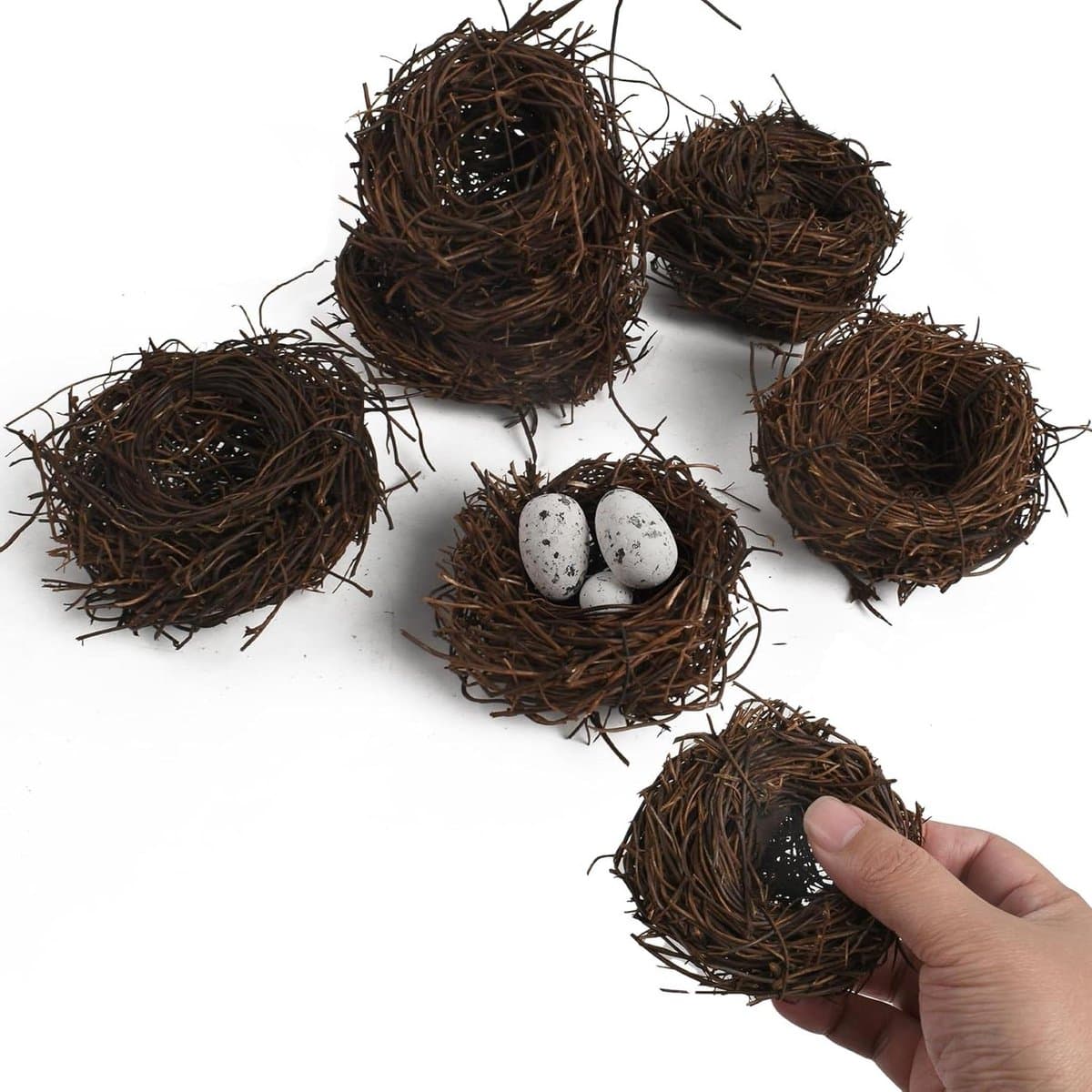 Mini kunstvogelnest 6 stuks, imitatie rotan vogelhuis nest voor Pasen kunst ambacht bruiloft huis patio tuin mos landschapsdecoratie (5,6 cm)