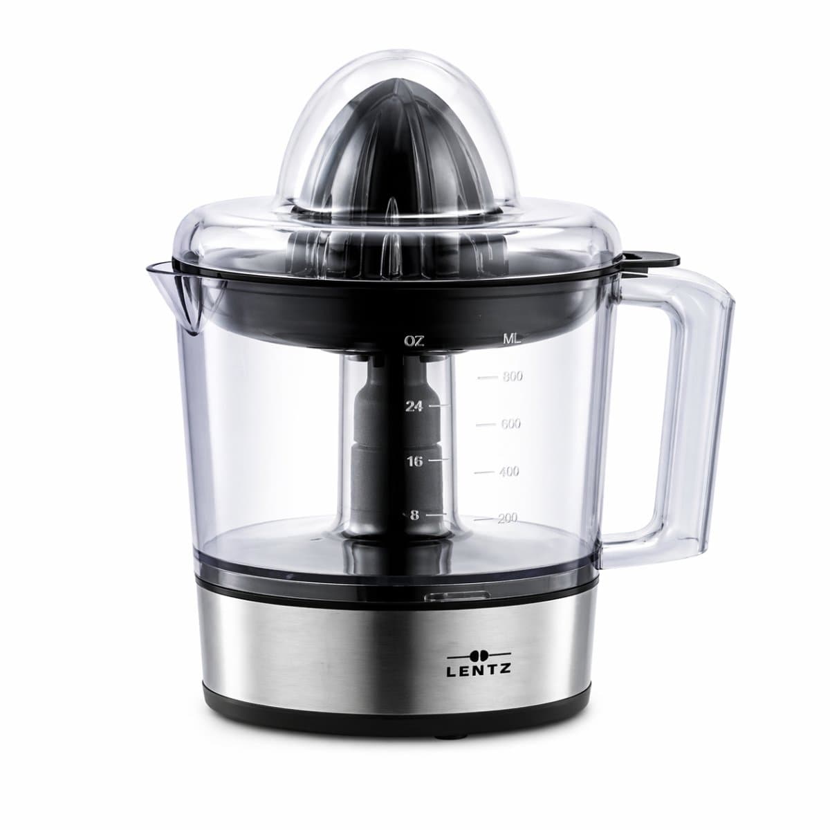 Lentz - Elektrische Citruspers 0,8L – Sinaasappelpers met 2 Perskegels, Automatische Rotatie Links/Rechts, BPA-vrij, RVS Design, Citruspers Elektrisch, Sapcentrifuge, Citruspers Machine, Anti-slip, 30W, Compact & Krachtig