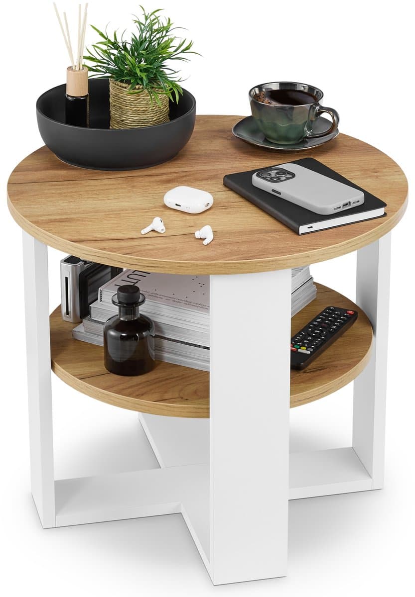 defiPad Salontafel Rond Ø53 cm, Bijzettafel, Hulp tafel met Plank, Wit + Eiken Craft