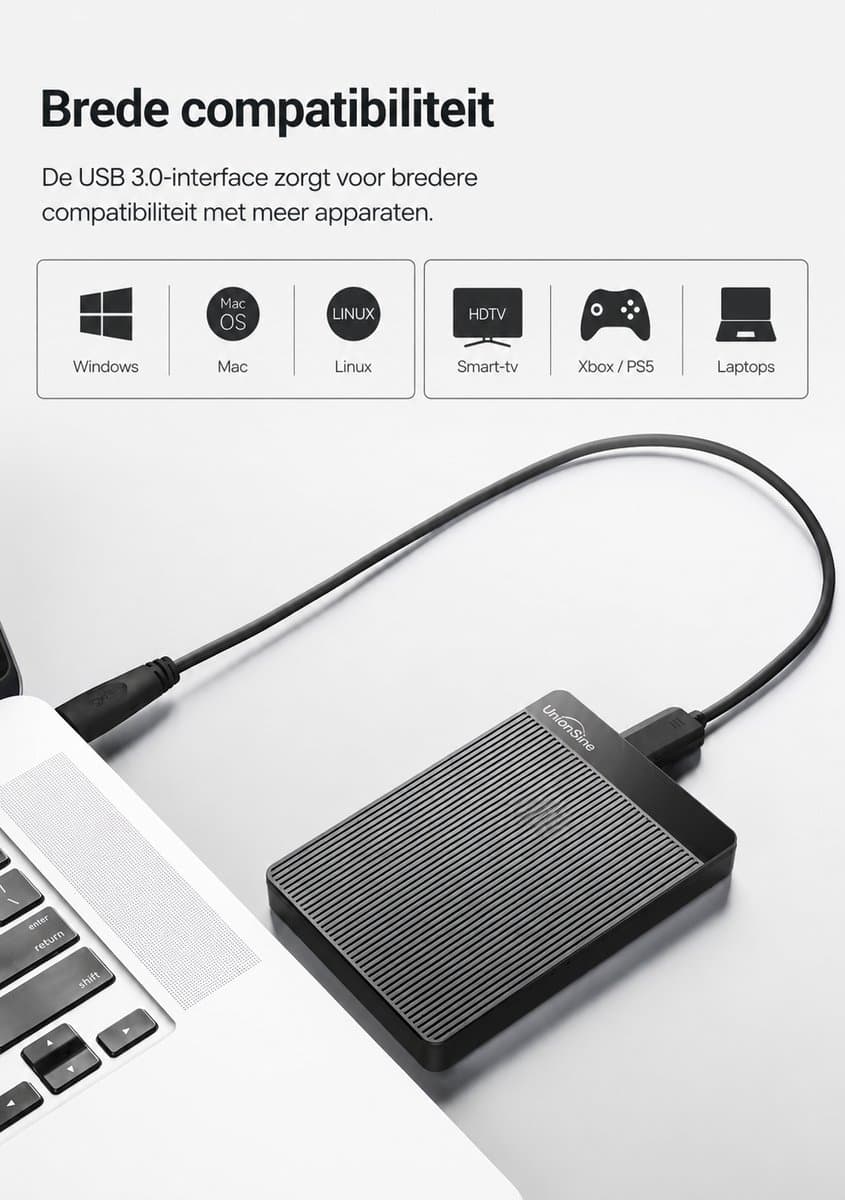 UnionSine Externe Harde Schijf 500GB USB 3.0 – Draagbare Portable HDD voor PC, Laptop, Mac & Console – Zwart