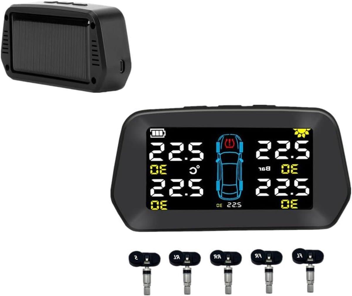 Banden Monitoring Systeem - TPMS Zonne Opladen - Veilig Rijden - 7 Alarm Modes - 5 Sensoren