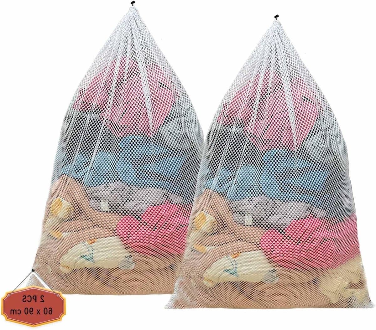 Waszakken 60x90cm, 2 Stuks Mesh Waszakken voor Kleding, Ondergoed, Sokken en Babykleding, Duurzaam en Herbruikbaar met Treksluiting