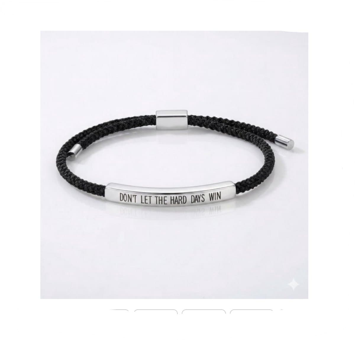 Handgemaakt - Zwart gevlochten - cadeau - motivatie armband - heren en dames - Titanium plaat - gegraveerde tekst "Don't Let The Hard Days Win" – verstelbaar - vriendschap -