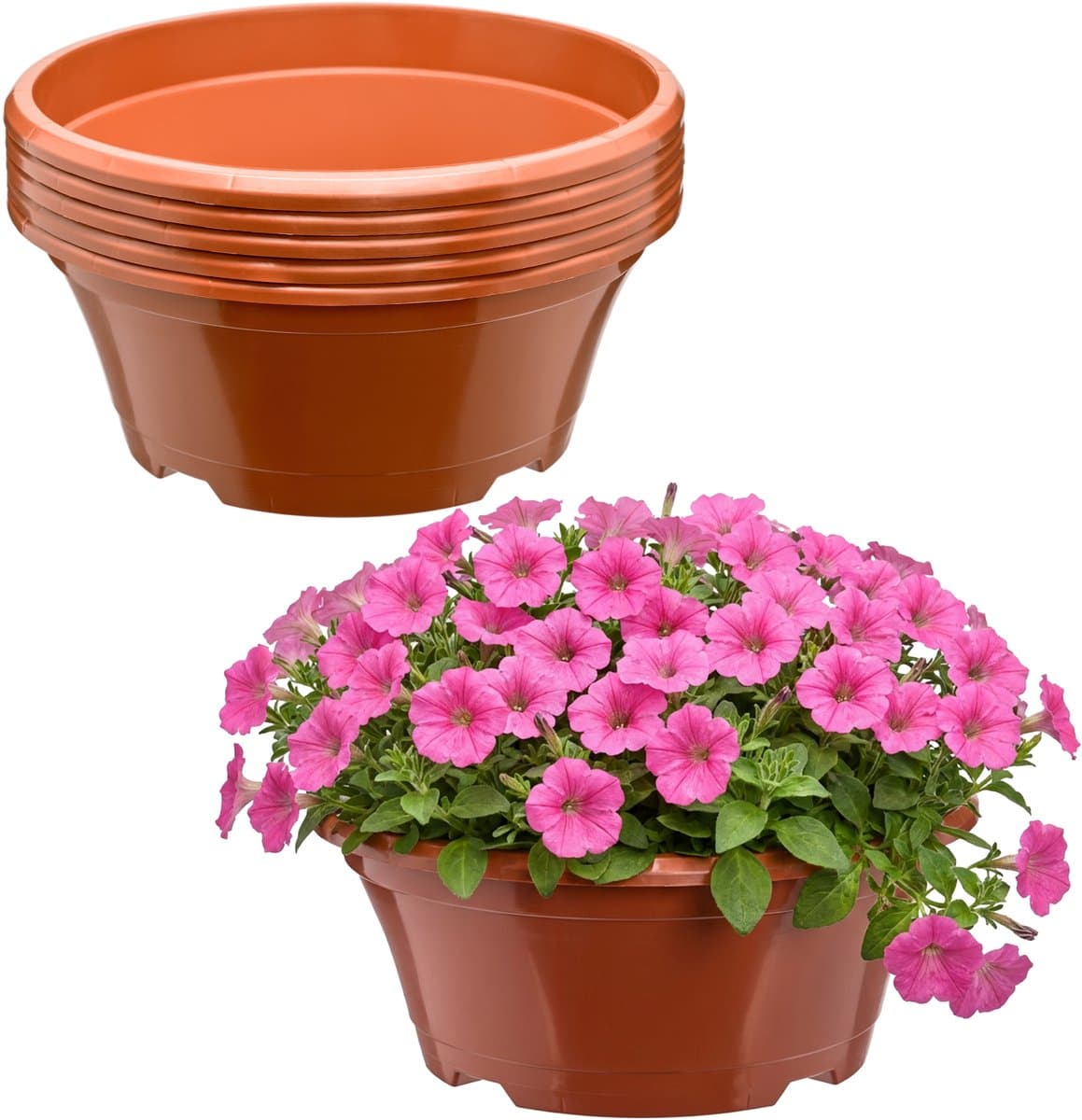 Garronda Set van 5 ronde kunststof plantenbakken met drainage (Terracotta, Ø22,5 x 9 cm – 2 L) GD-KW-B-Terracotta