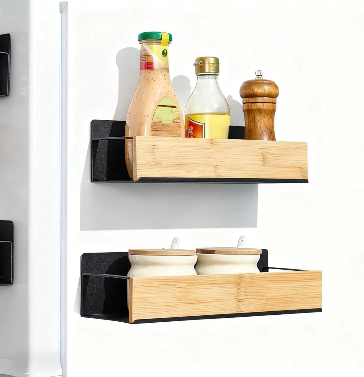 Magnetische Kruidenset - 2 Stuks, Carbon Staal, Muurbevestiging Vrij, Geschikt voor Koelkast en Magnetron, Zwart, Ruimtebesparend en Handig voor Keukenorganisatie