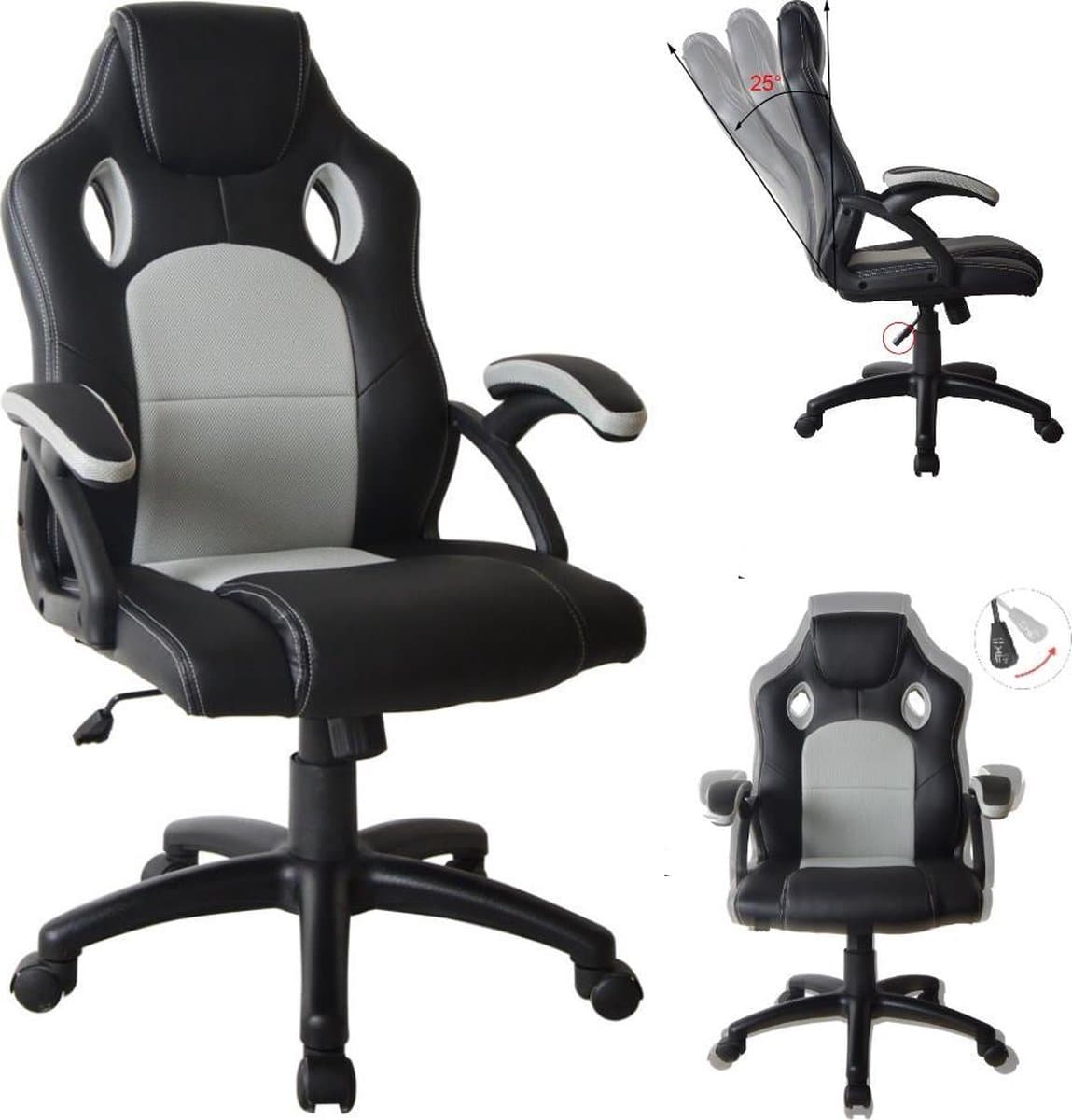 Gamestoel Wouter junior bureaustoel - racing gaming stijl - hoogte verstelbaar - zwart grijs
