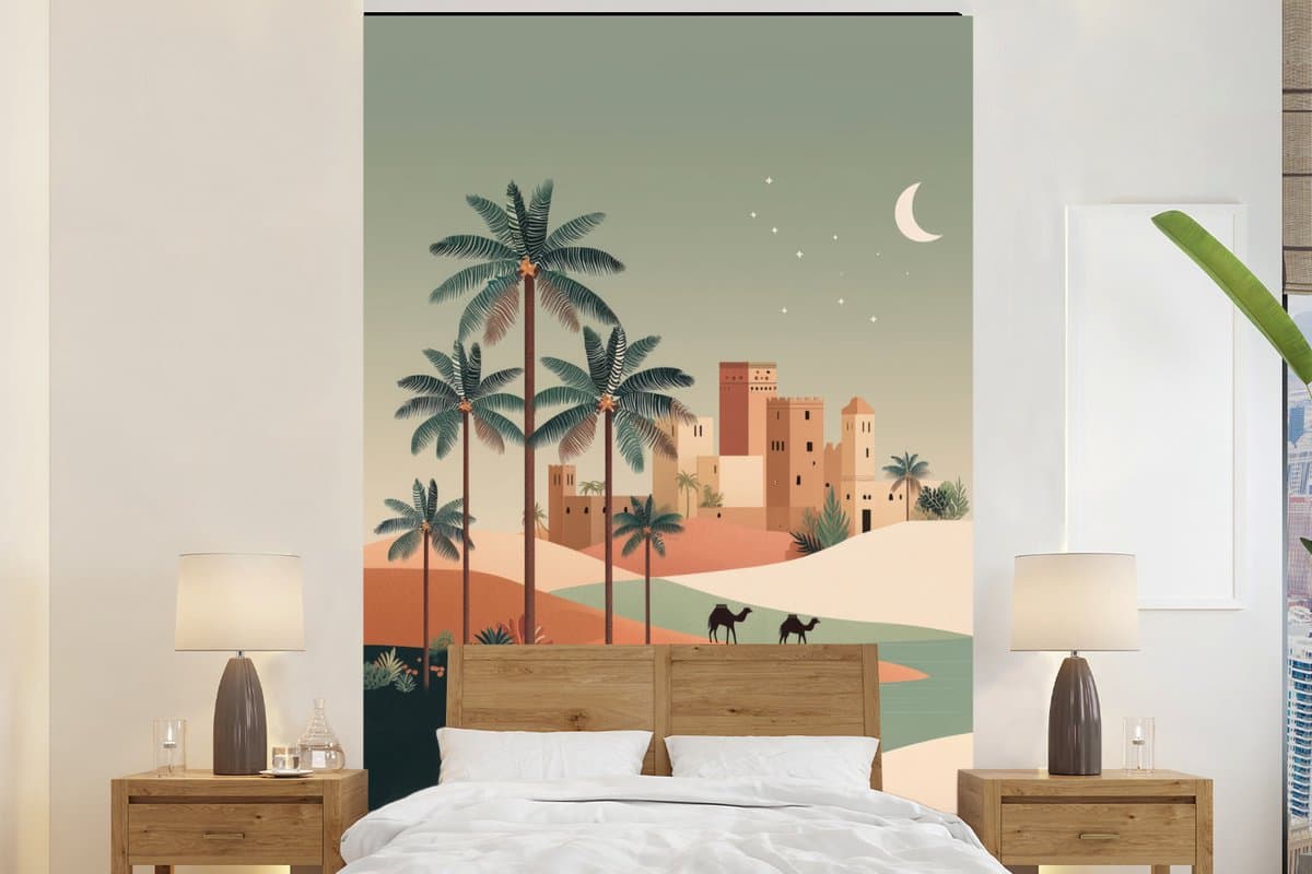Behang - Fotobehang Nachtlandschap - Kamelen - Sterren - zandduinden - Breedte 200 cm x hoogte 300 cm