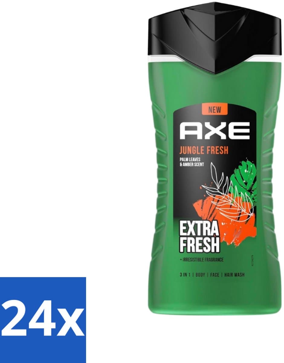 24 x Axe - 3-in-1 Douchegel - Jungle Fresh - Palm Leaves & Amber - Extra Fresh - 250 ml - Douchegel - 3-in-1 - Axe Jungle Fresh - Palmbladeren - Amber