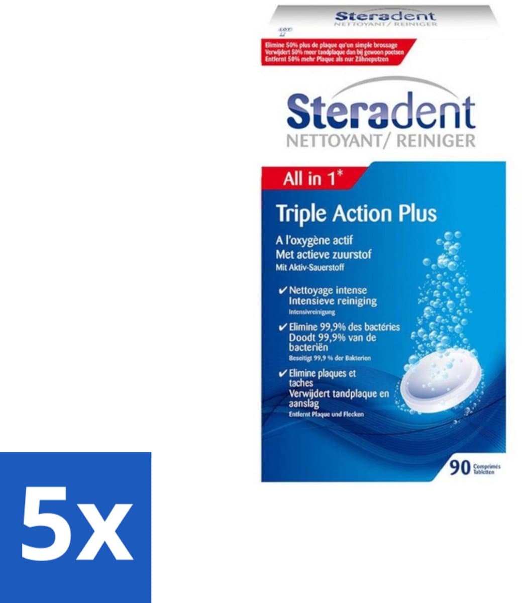 5 x Steradent - Kunstgebitreiniger - Tegen Tandplak En Aanslag - 90 Tabletten - Kunstgebit Reinigen - Tandplak Verwijderen - Aanslag Verwijderen - Kunstgebit Reiniger - Kunstgebit Reinigen Tabletten