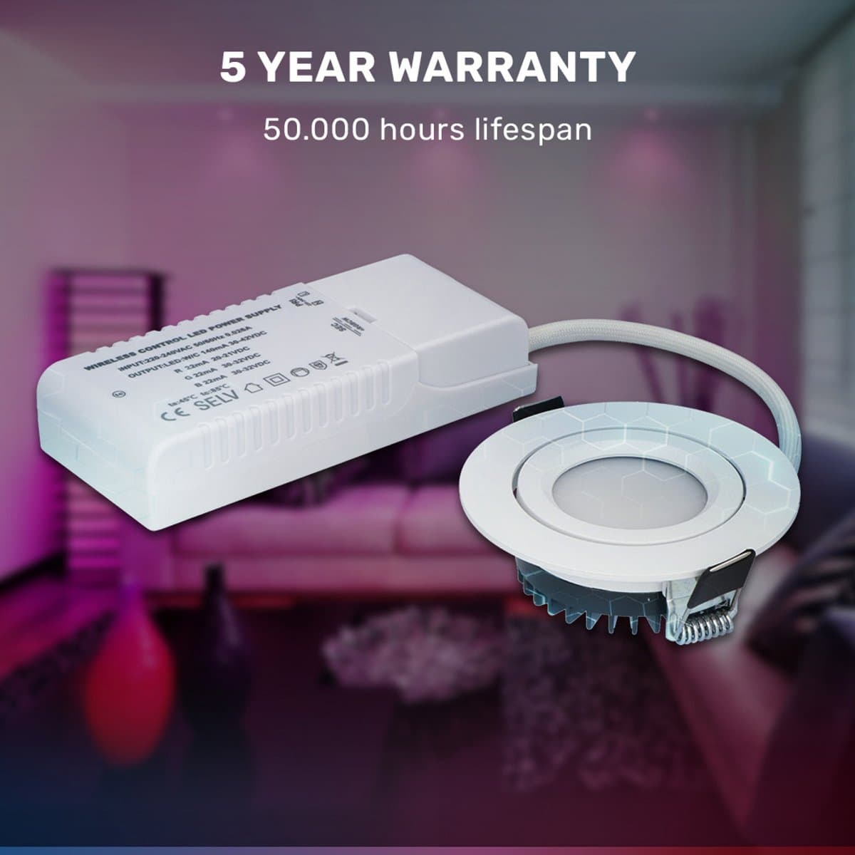 Hoftronic Smart Rome - LED inbouwspot Smart - WIFI + Bluetooth - RGBWW (16 miljoen kleuren) - Wit - IP44 waterdicht - 6 Watt 480 Lumen - Dimbaar en Kantelbaar - Rond Ø 75 mm - Bedienbaar via Hoftronic Smart App en smart assistent