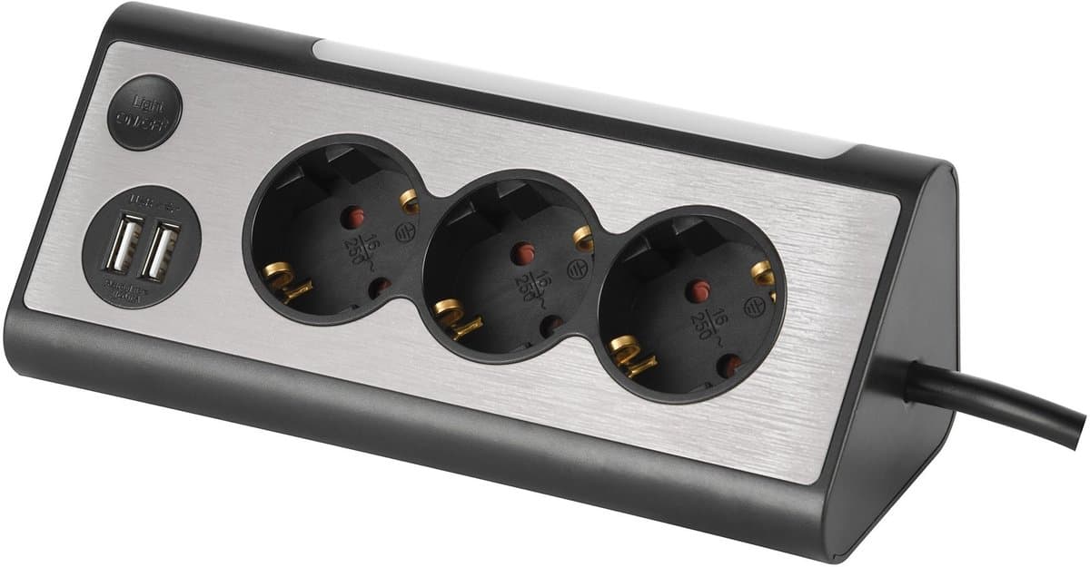 MaxTrack bureau stekkerdoos met 3 contacten en 2x USB / zwart - 1,5 meter