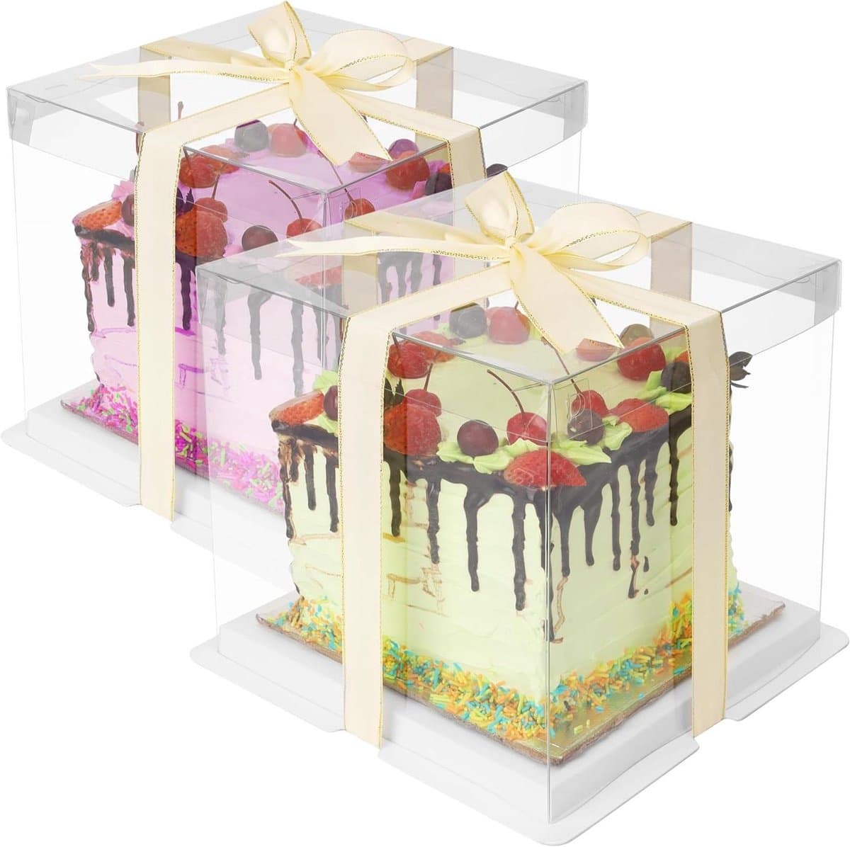 Orivio - Twee doorzichtige taartdozen met taartonderlegger en lint - Ideaal voor feesten - Afmetingen 21 x 21 x 20 cm