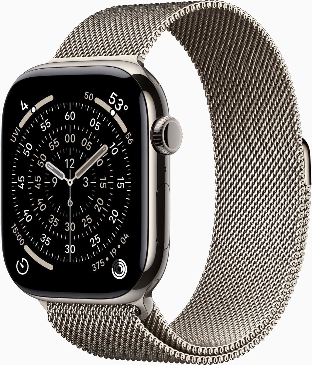 Apple Watch Series 11 GPS + mobiel 46 mm natuurlijk titanium kast met natuurlijke Milanese band - S/M