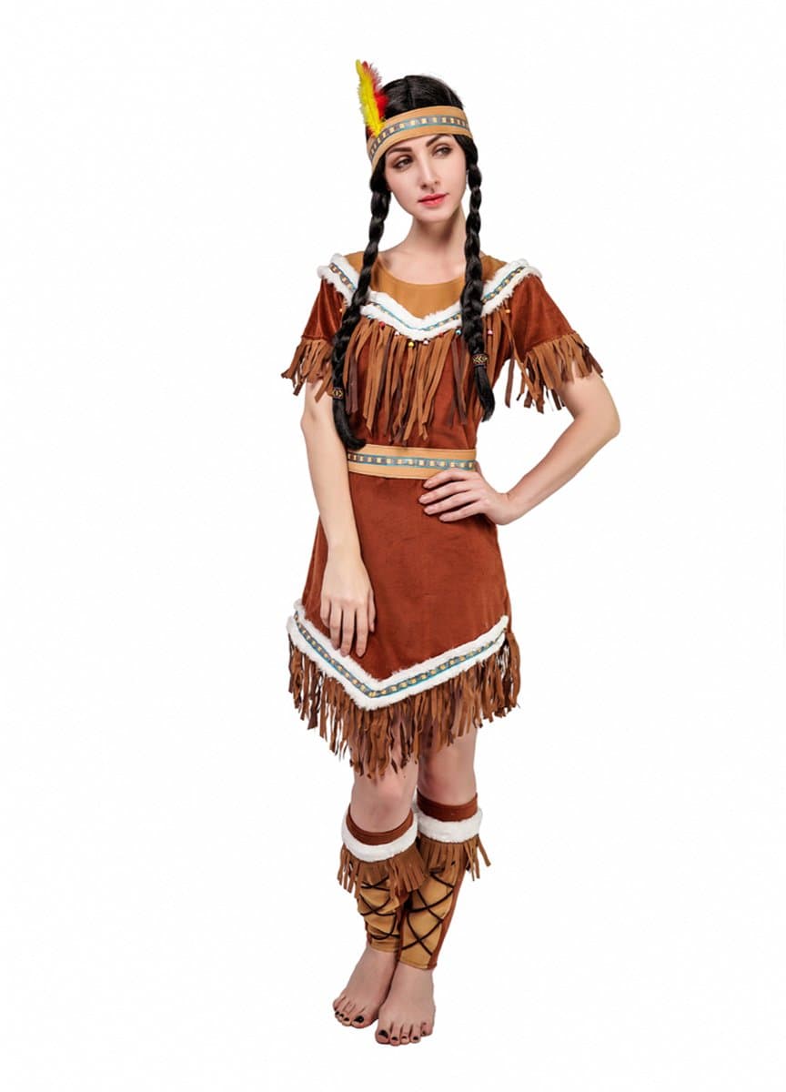 Kostuum Vrouw Indianen – Inclusief Jurk, Riem, Beenwarmers en Hoofdtooi – Carnaval & Verkleedkleding – Maat M