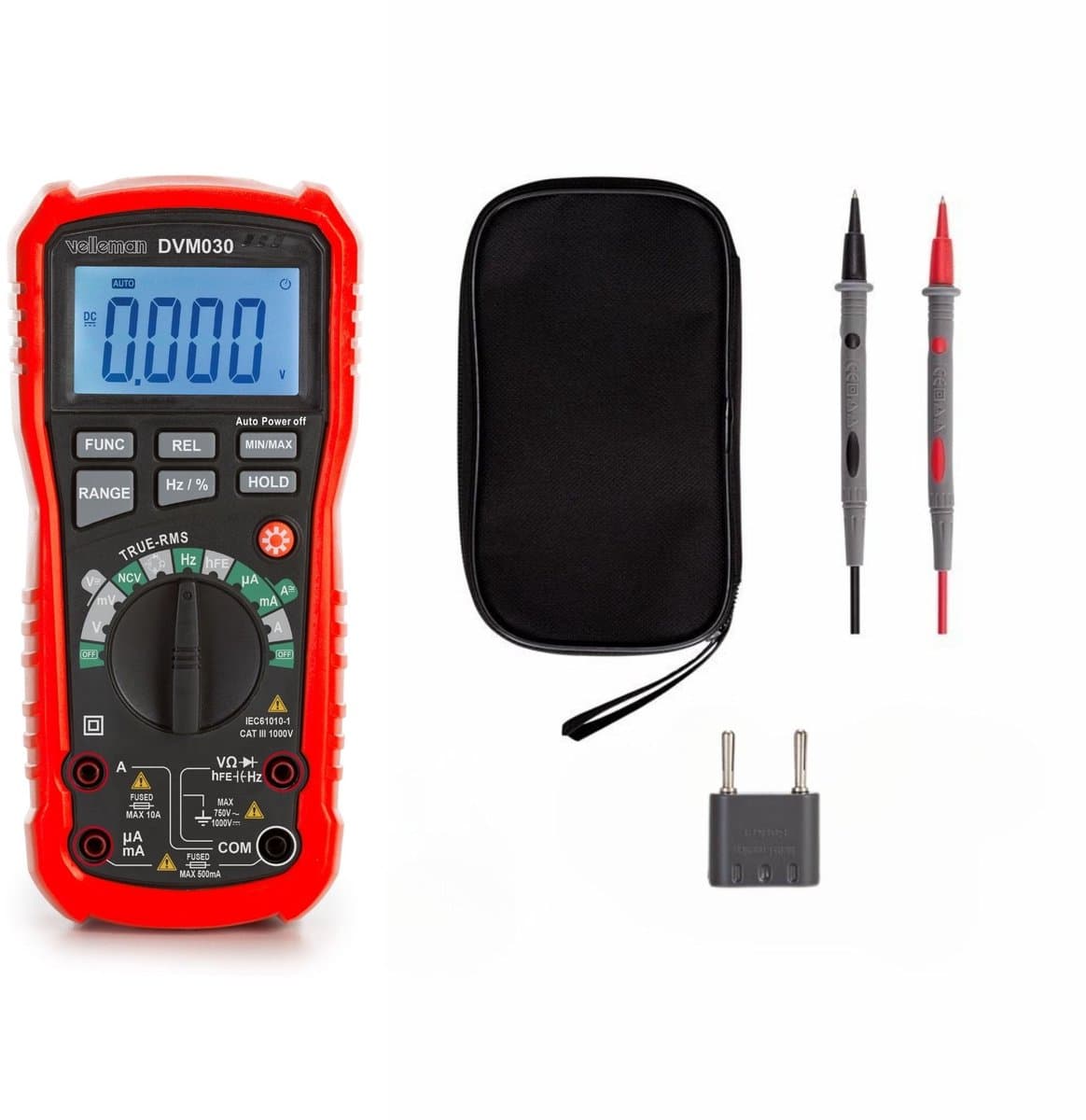 Velleman Digitale multimeter, datahold, contactloze spanningsdetectie, met MIN/MAX/REL-functie, geschikt voor het meten van AC/DC-stroom, AC/DC-spanning, weerstand, frequentie, capaciteit, diodes en continuïteit, inclusief meetsnoeren
