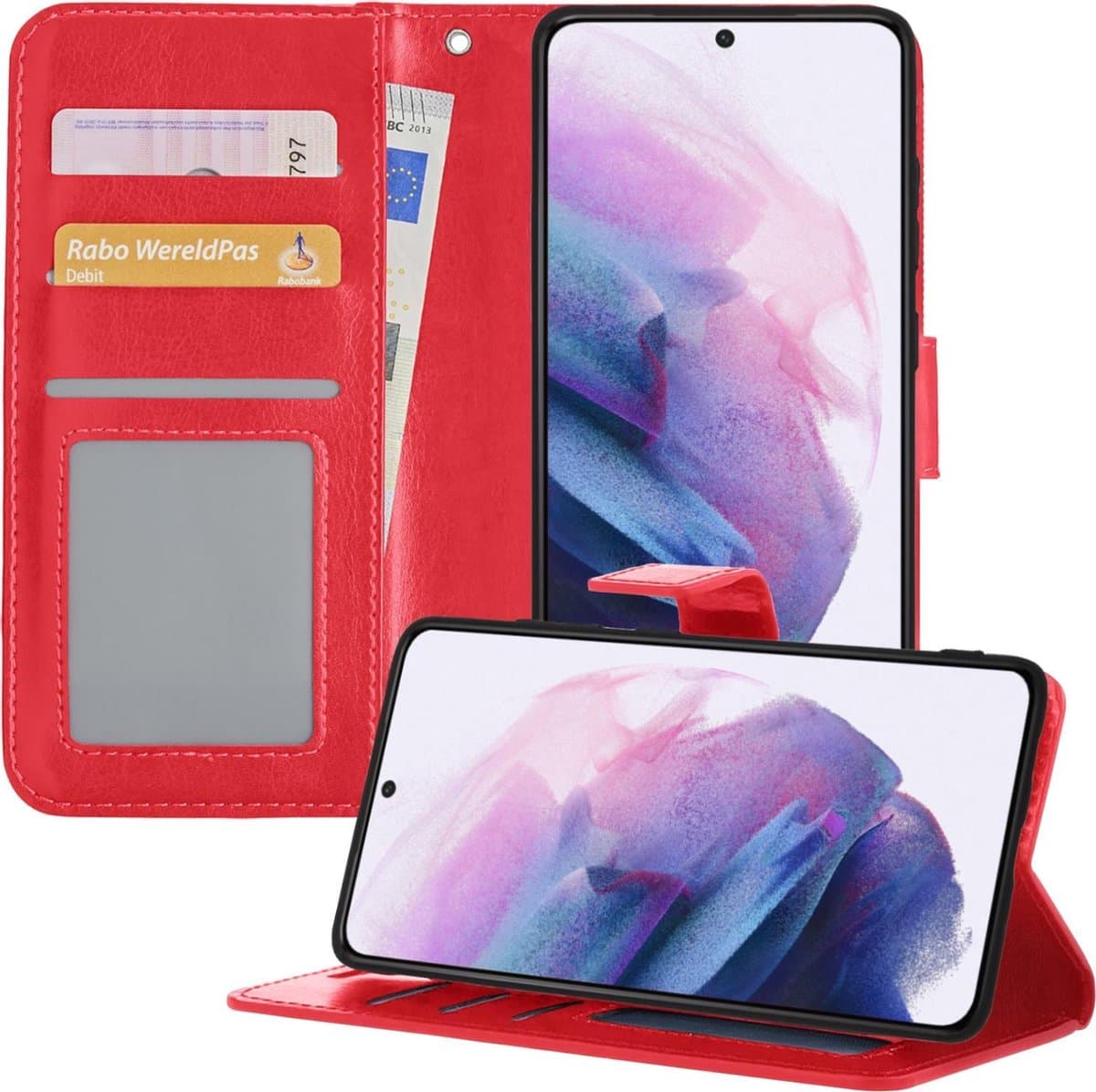 Hoesje - Met Pasjeshouder - Geschikt voor Samsung Galaxy S21 Plus - Luxe Bookcase Portemonee - Flip Case - Kunstleer Book Case - Flipcase - Book Cover - Walletcase - Portemonneehoes - Telefoonhoesjes - Rood