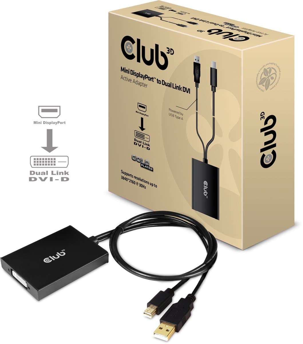 Club 3D Mini DisplayPort™ naar Dual Link DVI, HDCP AAN-versie Actieve adapter (voor beeldschermen met HDCP-ondersteuning)