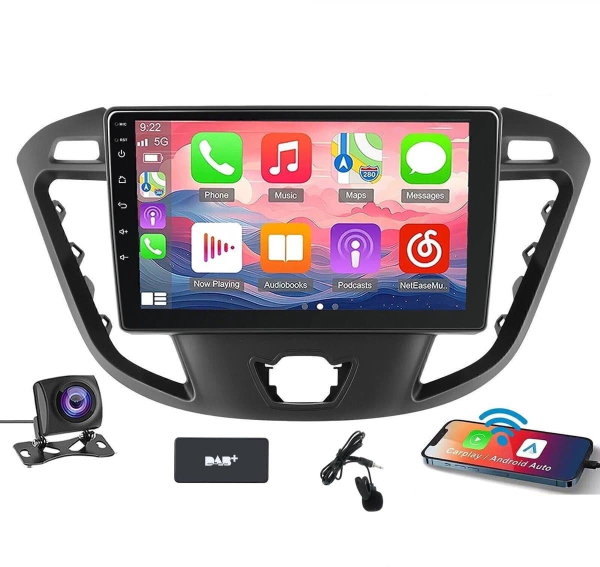 ESSGOO CarPlay autoradio geschikt voor Ford Transit Custom (2012-2021) - 9 inch touchscreen - Android 15 - Draadloos Apple Carplay & Android Auto - 4GB + 64GB - BT AUX USB Wifi GPS Navigatie - Achteruitrijcamera - Microfoon - DAB+