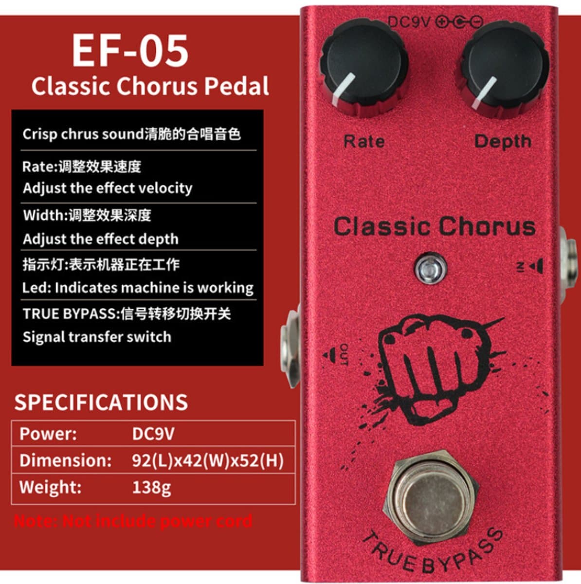 Knobbout Music United, Analoog Chorus Elektrisch Gitaarpedaal - Warme, klassieke chorus-klank met analoge diepte, Rood