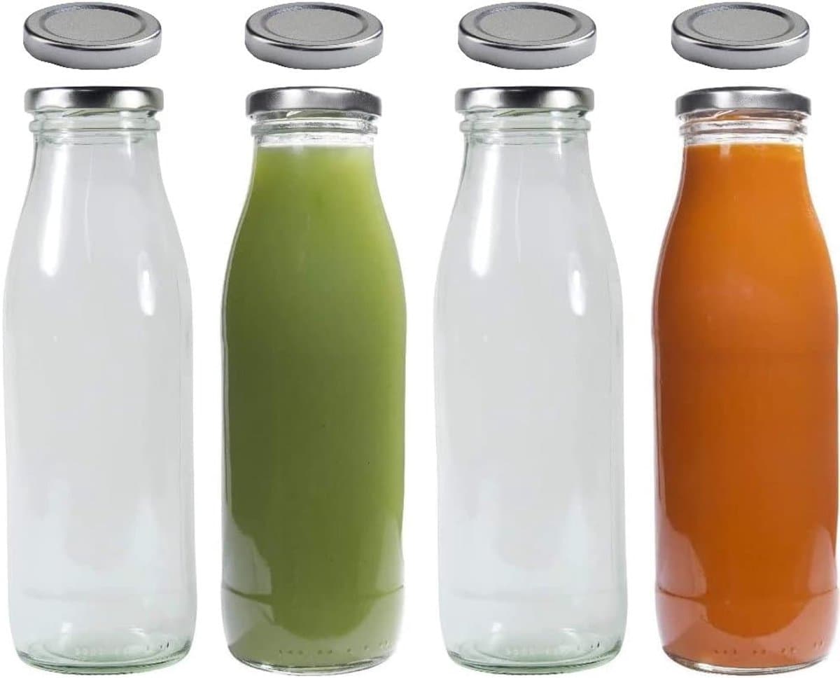 PromoHome glazen bewaarfles set - 4 flessen 500 ml met schroefdeksels en etiketten - zilverkleurig
