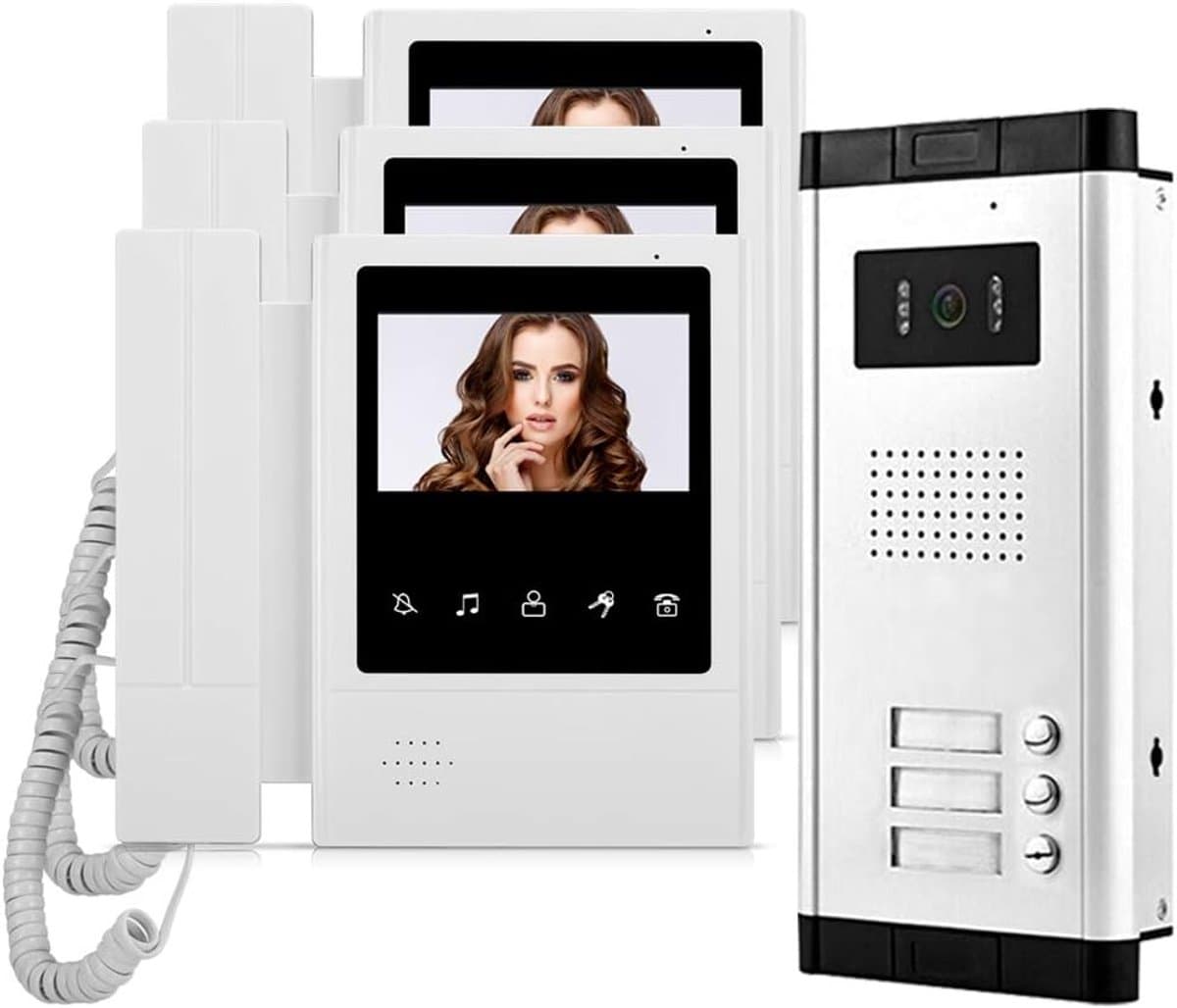 Video Deurtelefoon Systeem - Intercom Kit - Toegangscontrole - 3 Interne Monitors - 4.3 Inch Scherm - Zwart
