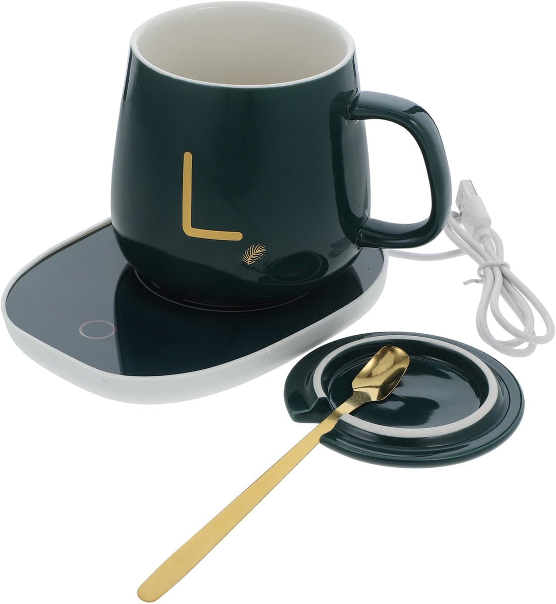 USB Kopwarmer – Keramische Moker met Verwarmingsmat – 16W Warmhoudplaatje voor Koffie & Thee – Inclusief Deksel & Lepel – Wit