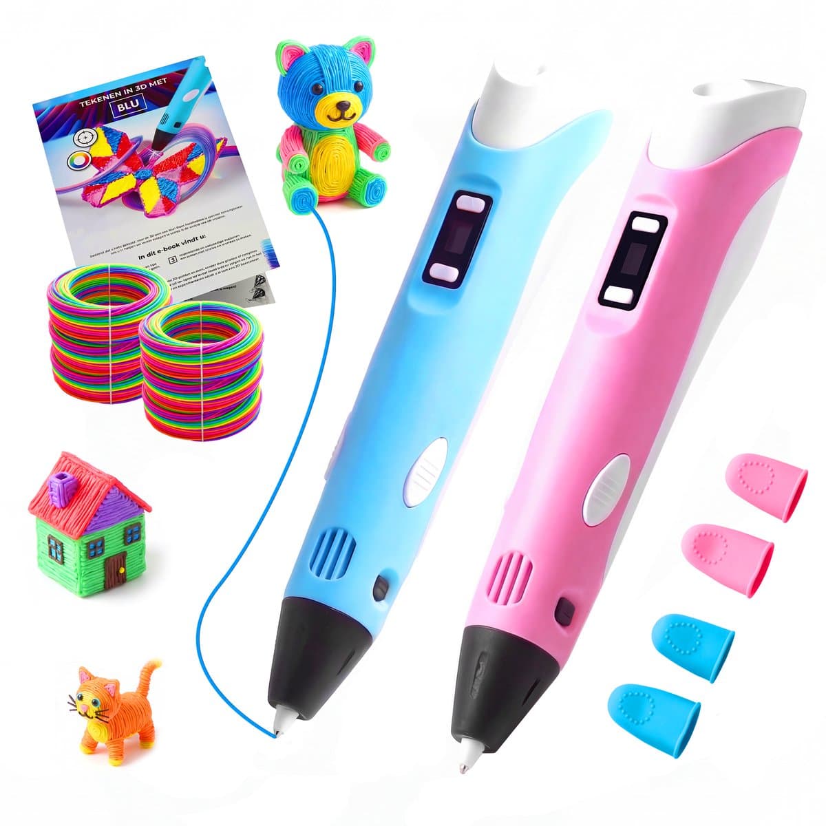 BLU 3D Pen Duo Set XXL - Mega Starterspakket - 100m Filament (20 Kleuren) - Met E-book - Incl. Tekenmat, Tekenboek & Vingerbeschermers - Blauw & Roze - NL Handleiding