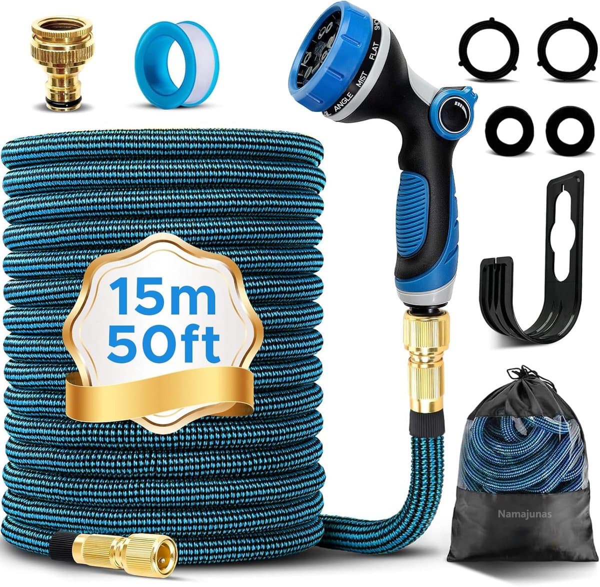 Namajunas - Tuinslang flexibel - 15 meter Uitrekbare Waterslang - 10 Funktions tuinsproeier en Slanghouder - Inclusief Opbergtas en koppelstuk - Drielaagse latex balkonslang - tuinslangen - Garden
