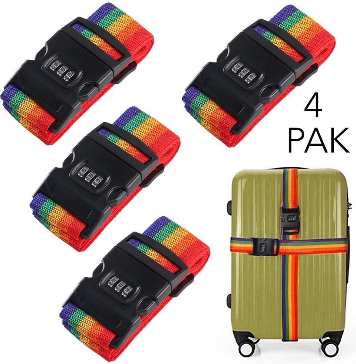 Kleurrijke bagageriemen, set van 4 stuks, 4.5m x 195cm. Met slot.