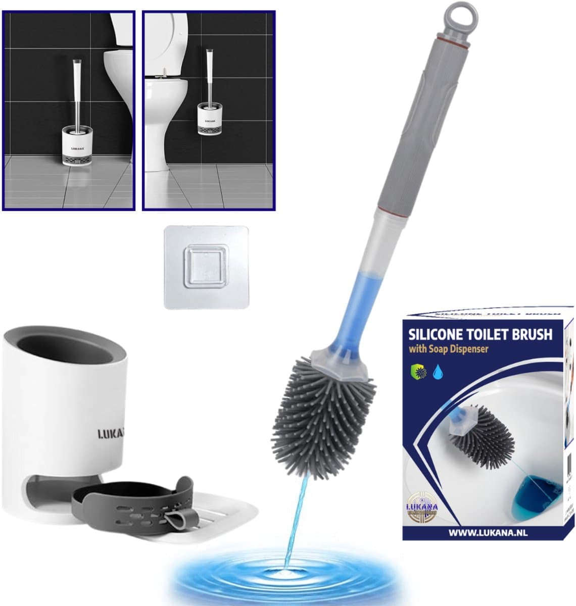 Lukana WC Borstel - Siliconen Toiletborstel met Houder - Zeepdispenser - Hervulbaar - Vrijstaand of Hangend - Sneldrogend, Hygiënisch & Antibacteriële Werking - Zonder Boren - Toilet Brush - Toiletborstel Houder - Lekbak