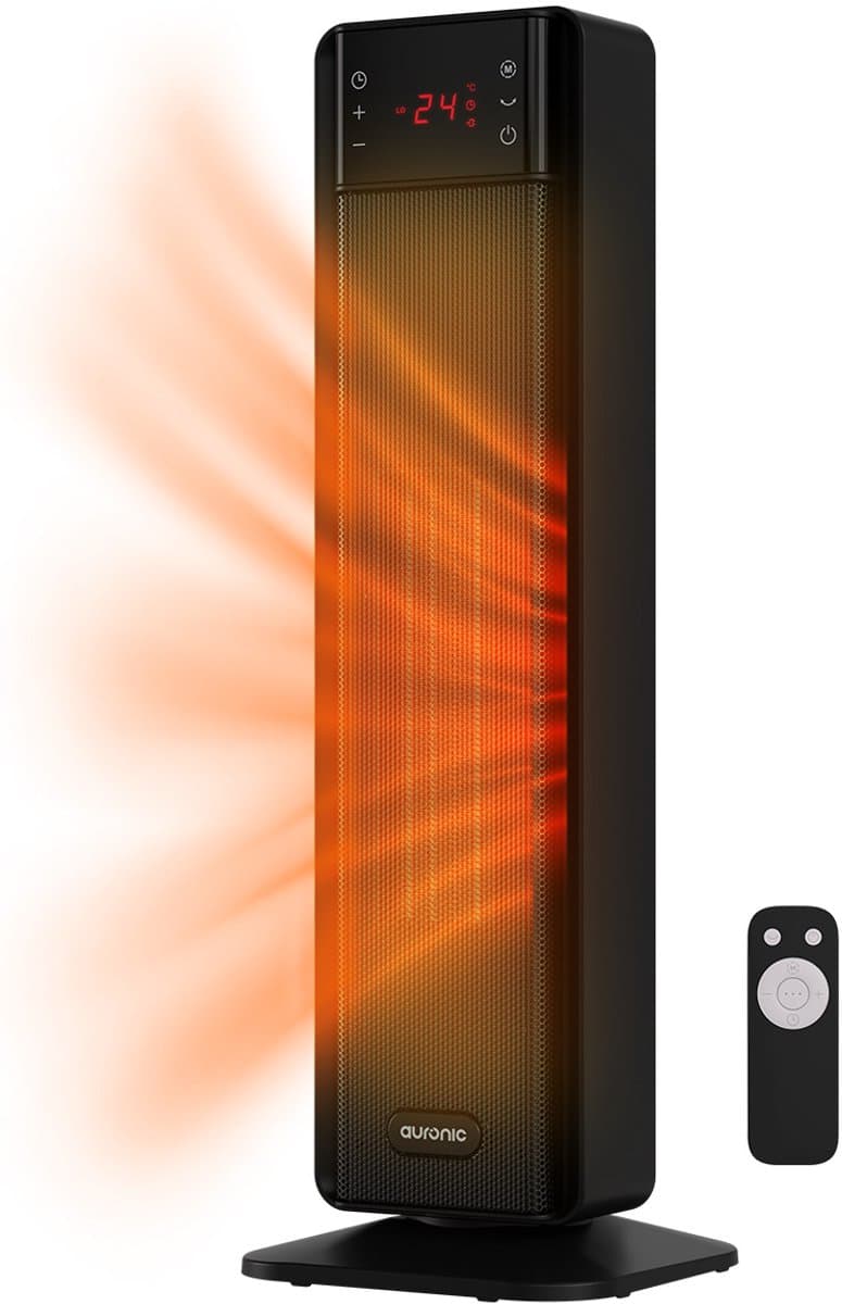 Auronic Elektrische Kachel - 2000W Heater - Keramische Kachel - Tot 30m2 - Roterend - Toren Kachel - Met Afstandsbediening - Zwart