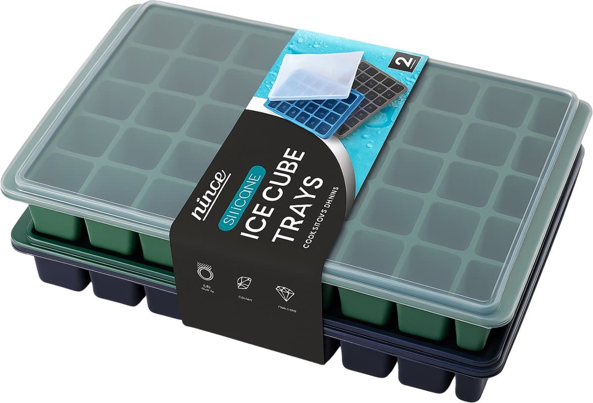 Nince Siliconen IJsblokjesvorm met Deksel (2 Stuks) - 80 ijsblokjes - BPA Vrij - Blauw en Grijs