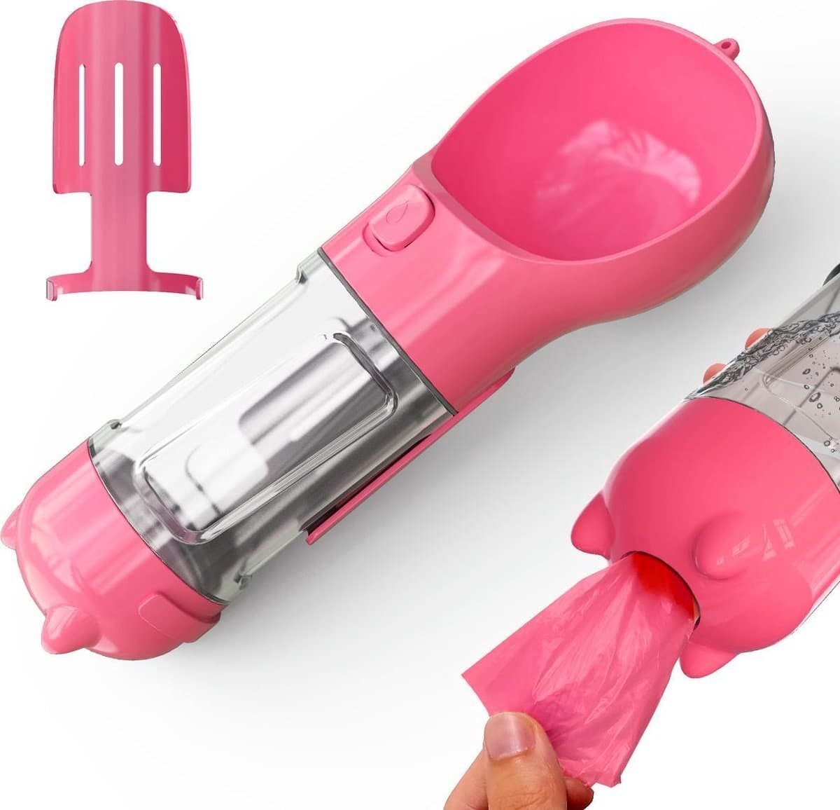 Darenci Draagbare Hondenfles Pet Feeder 300ML - 3 in 1 Honden Eten Drinkfles - Drinkfles Hond - Incl. Poepzakjes - Lek Vrij - Voor Onderweg - Roze