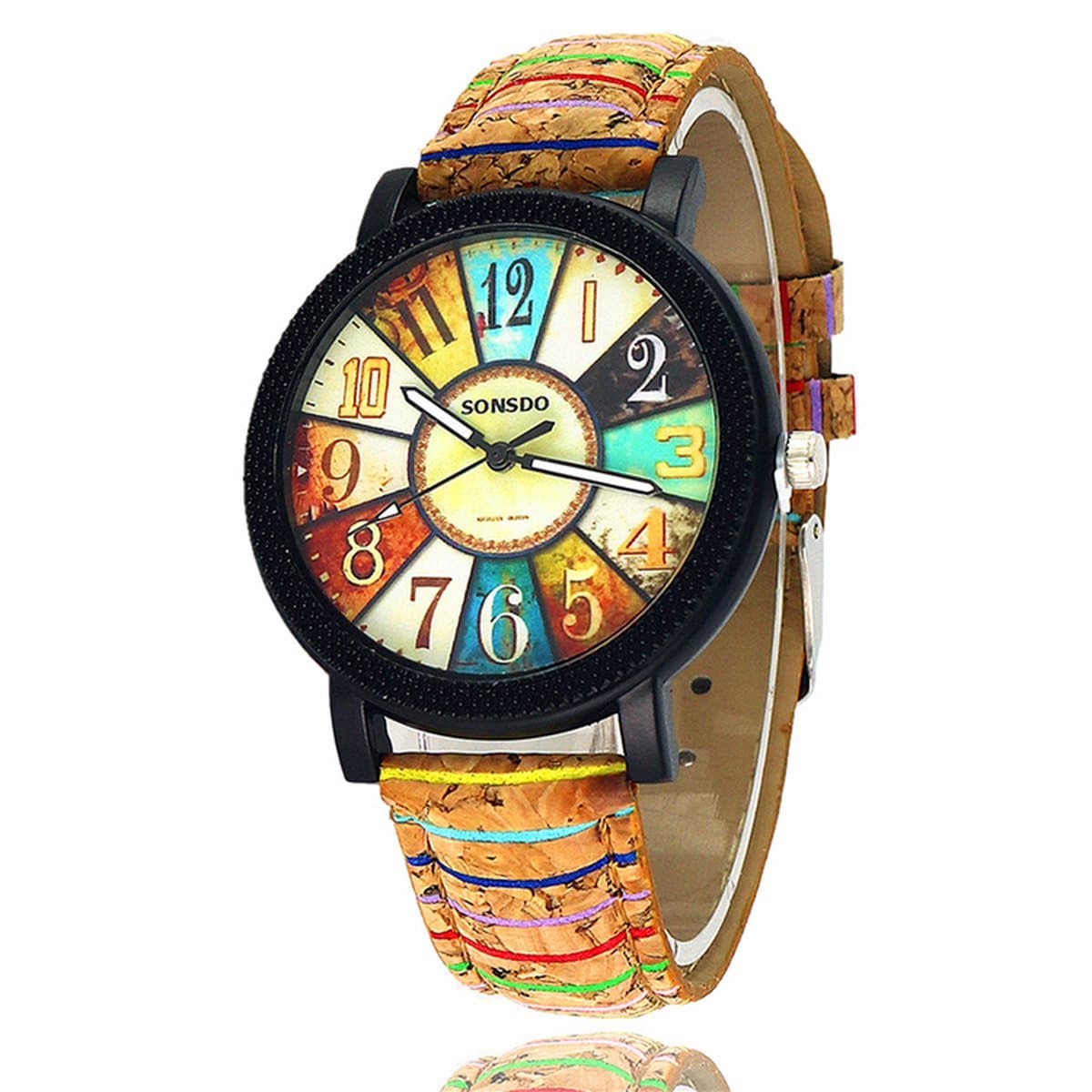 Dameshorloge Geneva Roulette Style – Multikleur wijzerplaat – Lederen band – Analoge Quartz