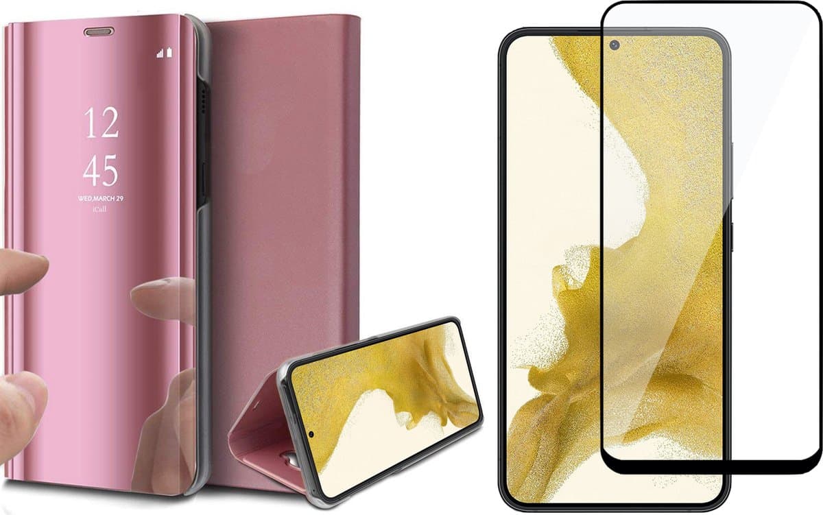 Hoesje geschikt voor Samsung Galaxy S22 Plus - Book Case Spiegel Wallet Cover Hoes Roségoud - Full Tempered Glass Screenprotector