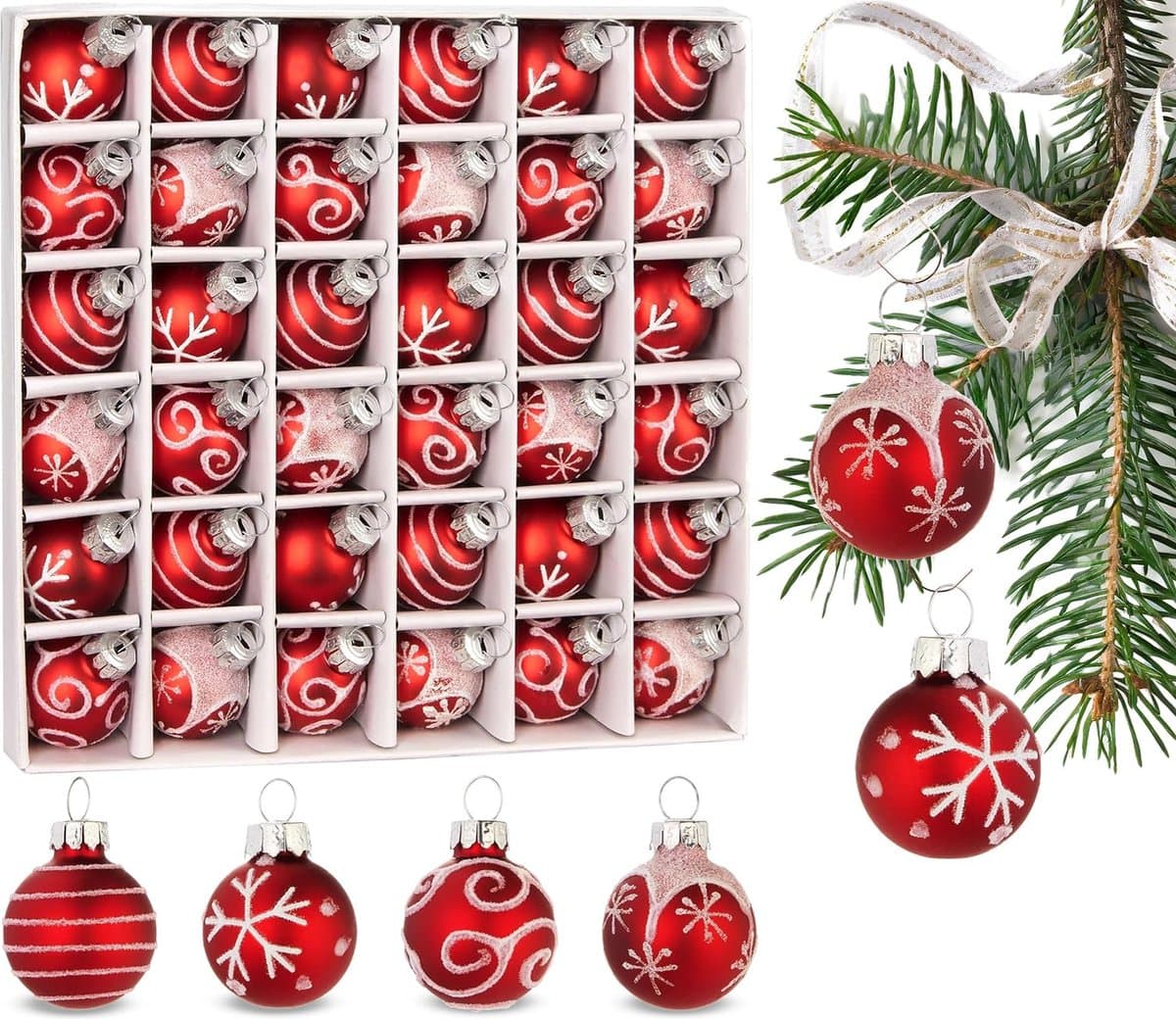 BRUBAKER 36-Delige Set Kerstballen Met 3 Cm Boomballen - Met De Hand Gedecoreerde Kerstboomversieringen Mini-Kerstballen Voor De Kerstboom En Kerstversiering - Kerstboomballen Van Glas – Rood