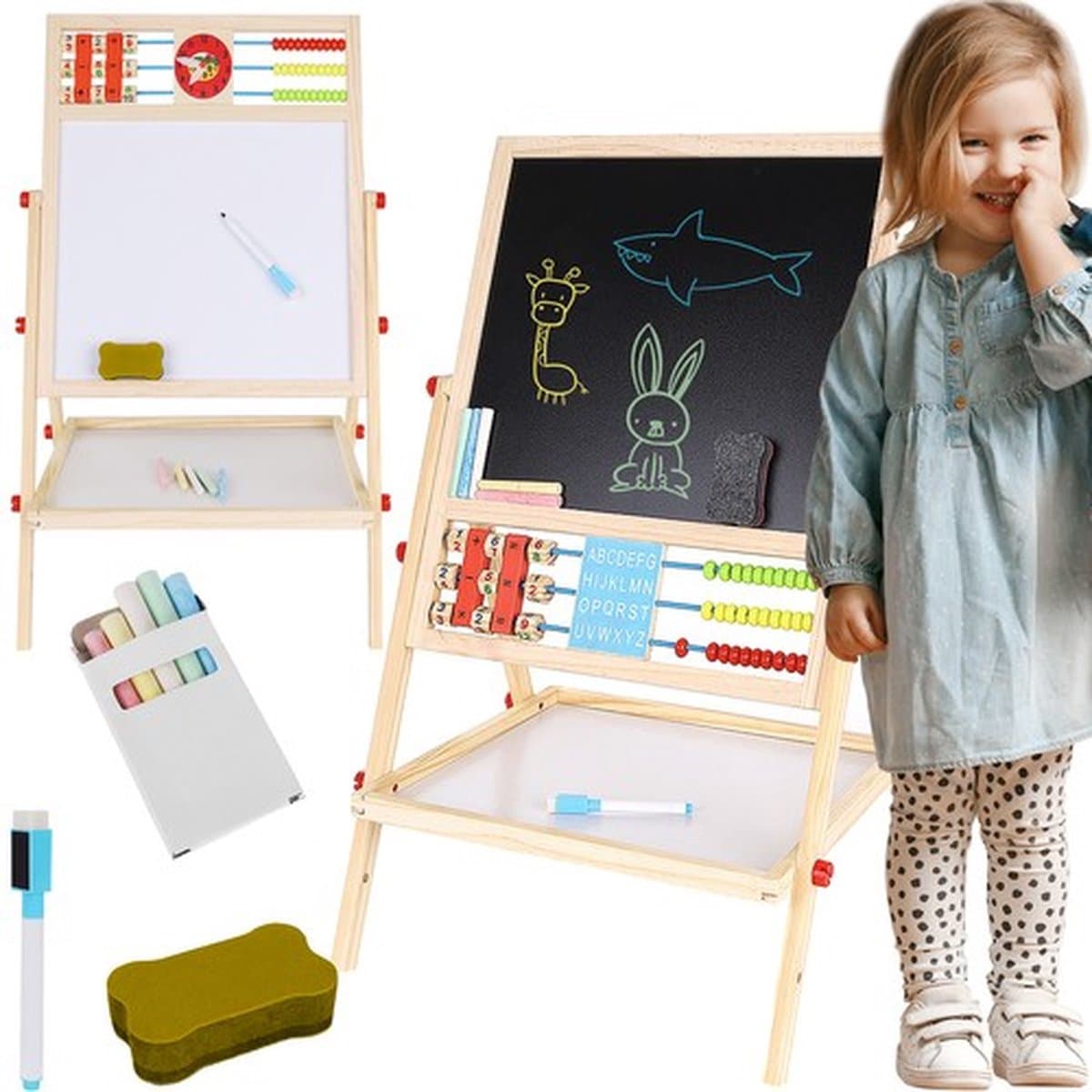 Playos® - Krijtbord en Whiteboard - 67 cm - met Telraam, Klok en Sommen - met Marker, Wisser en Krijtjes - Houten Tekenbord - Speelbord - Educatief Speelgoed -Schoolbord Kinderen - Magneetbord - Creatief - Leren Klokkijken