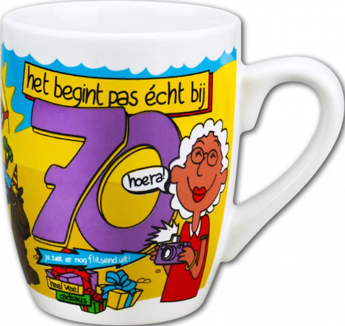 Verjaardag - Cartoon Mok - Hoera 70 jaar - In cadeauverpakking met gekleurd lint