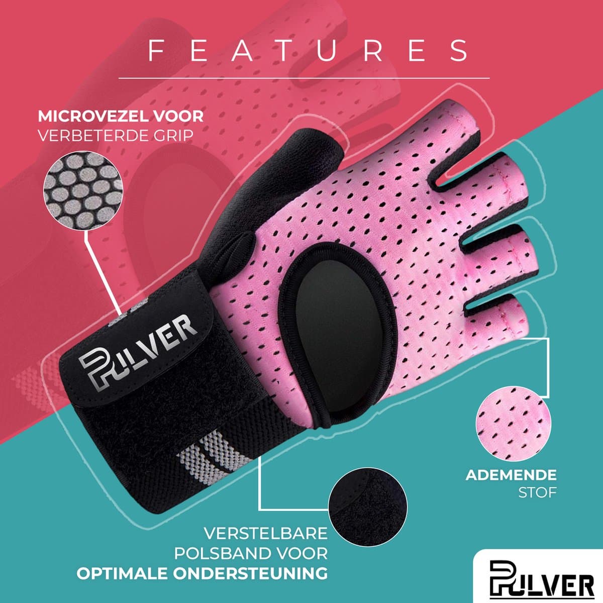 Pulver - Fitness Handschoenen - Heren & Dames – Krachttraining – Crossfit - sport handschoenen - Kracht – Roze – Sport Maat M