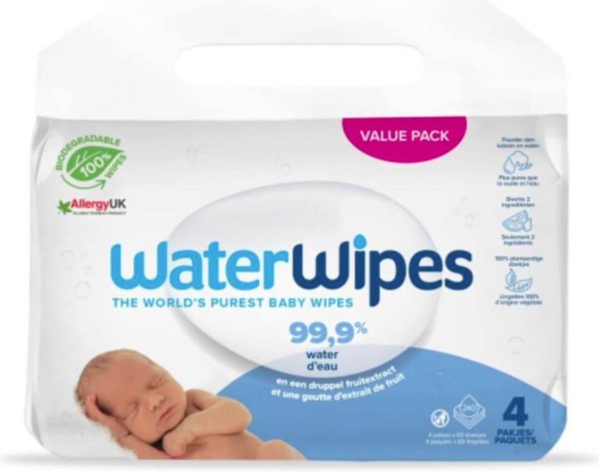 WaterWipes Babydoekjes - 4 x 60 stuks (240 billendoekjes)
