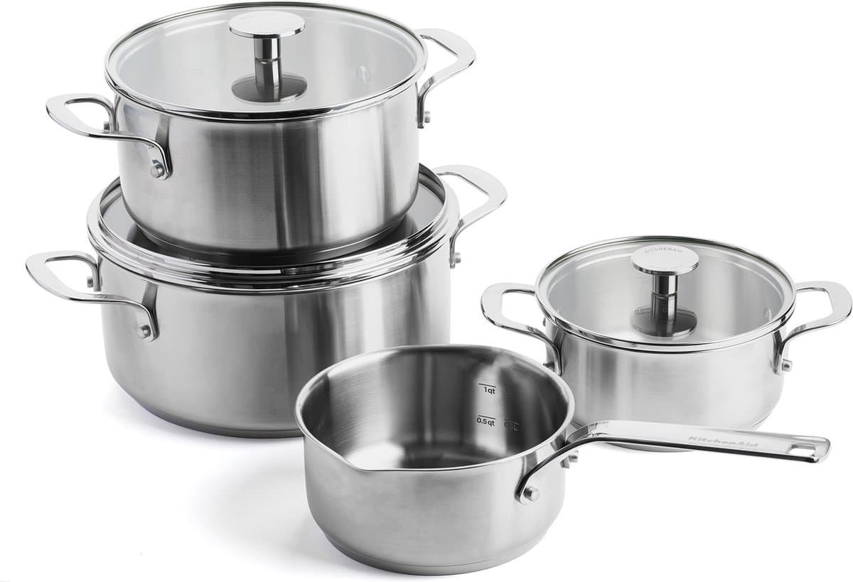 KitchenAid Stainless Steel Kookpannenset 7-delig - 16/20/24cm - 1.5/3.1/4.8L - PFAS-vrij - RVS pannenset - Pannenset inductie - Ovenbestendig tot 220°C - Met glazen deksel - Zilver