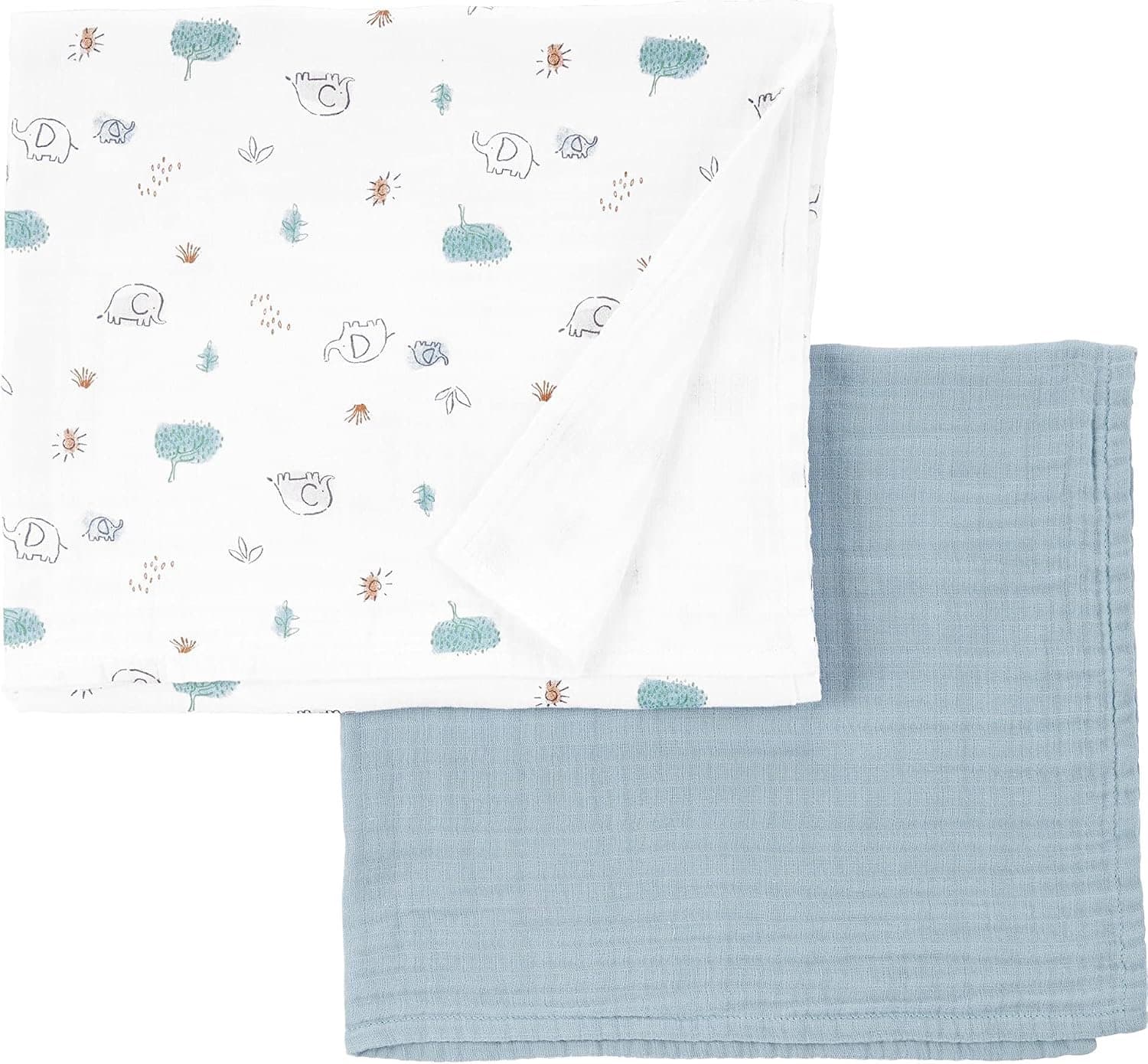 Baby Katoenen Muslin Dekentjes 2-Pack - Olifant - Sage Groen/Wit