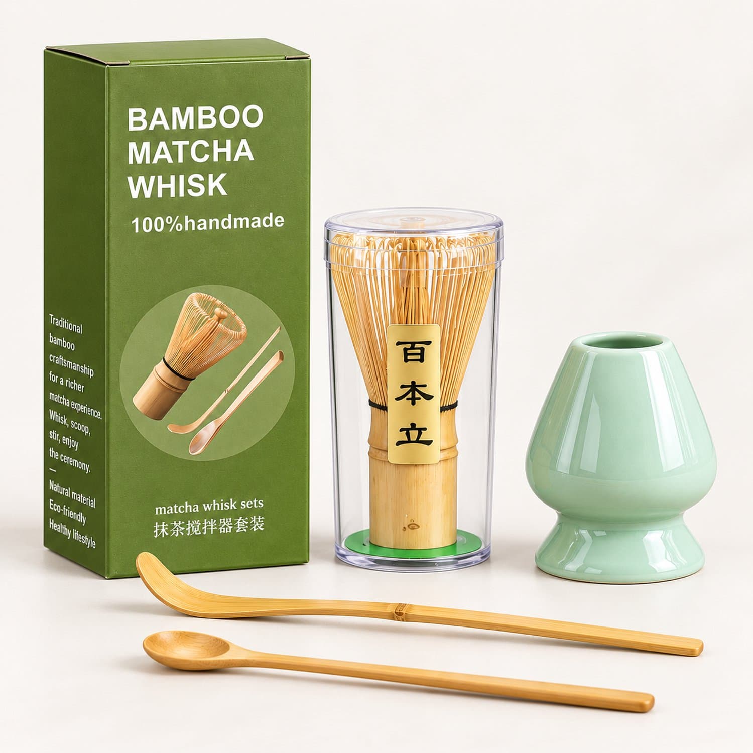 Sercano Matcha Set 4-delig – Groene Keramische Matcha Kom met Bamboe Klopper, Lepel en Houder – Starterset
