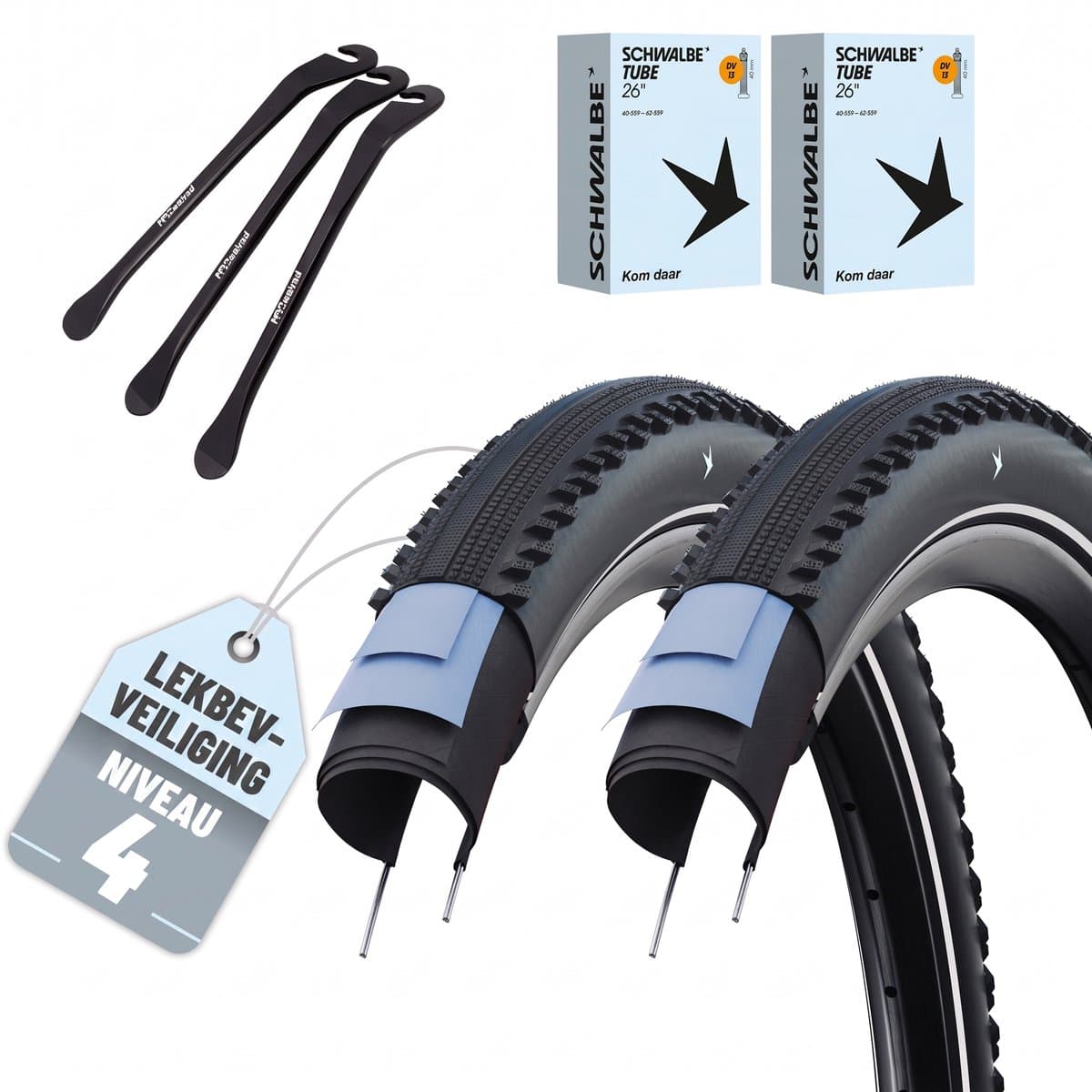 2x Schwalbe Hurricane RaceGuard Fietsbuitenband 26x2,10 (54-559) Trekking/MTB-Allrounder met ADDIX Compound, RaceGuard Pannenbescherming + DV Hollands-ventiel binnenbanden + 3 MSZweirad bandenlichters